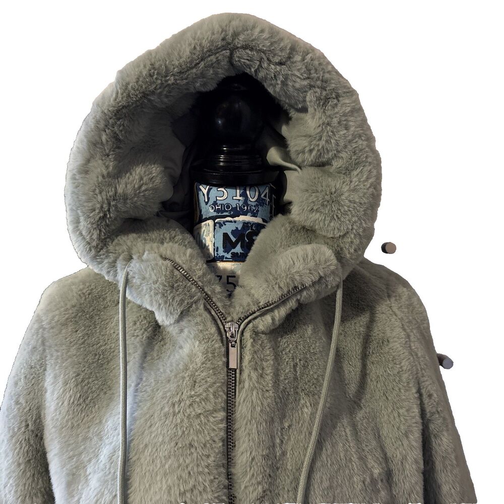 Rachel Zoe Hooded Faux Fur Teddy Bear Full Zip Coat Jacket Size S Pale Green